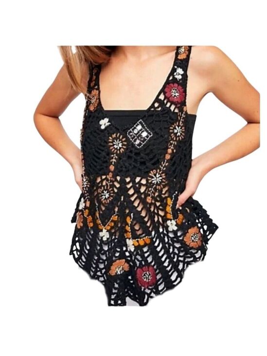 Free People Tops - Free People NWT Black Sheer Embroidered Crochet Back Tie Tank Top Size XS